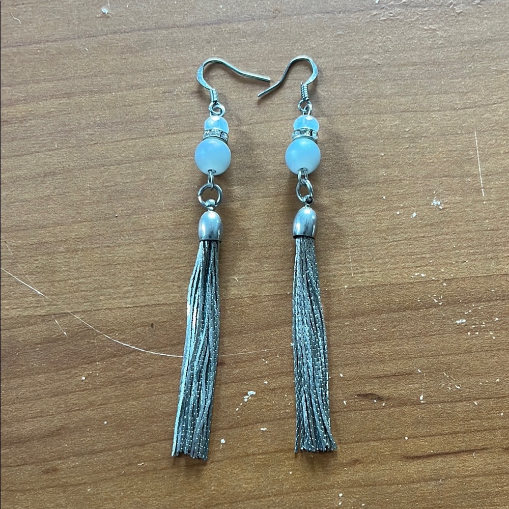 Buckle Silver Dangling Earrings with Blue Beads and Long Tassels